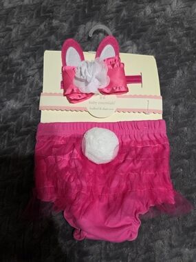 Baby Essentials Bright Pink Bunny Ruffle Diaper Cover & Headband Set
